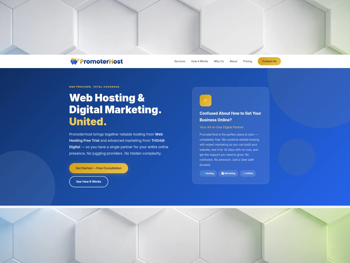 Homepage screenshot of promoterhost.com — a custom hand-coded brand site combining Web Hosting Free Trial and TriOrbit Digital under one unified hosting and marketing offer with two distinct conversion paths