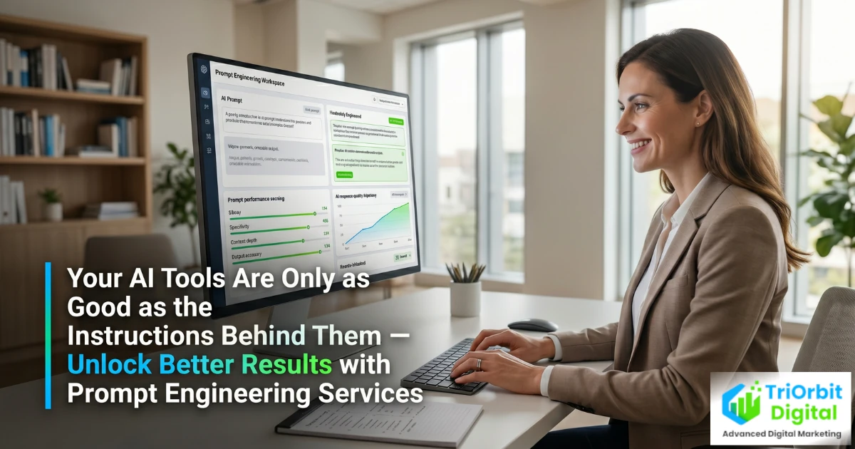 Specialist designing and testing structured AI prompts on screen to produce consistent, high-quality outputs for a business