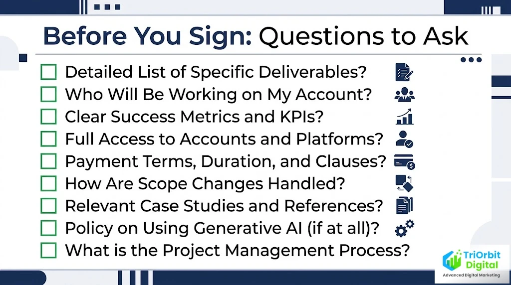 Nine key questions to ask a digital marketing agency before signing, displayed as a checklist