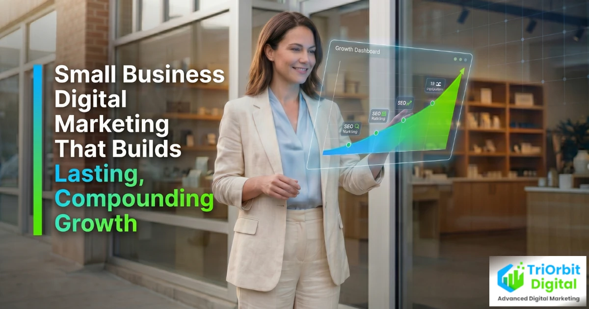 Small business owner holding a holographic growth dashboard showing compounding SEO marketing and ranking performance metrics