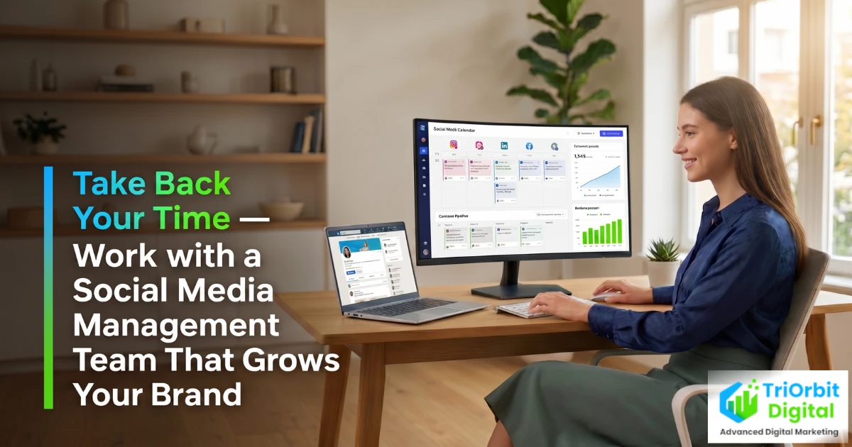 Social media manager planning a content calendar and engagement strategy on a laptop while a brand presence grows across multiple platforms