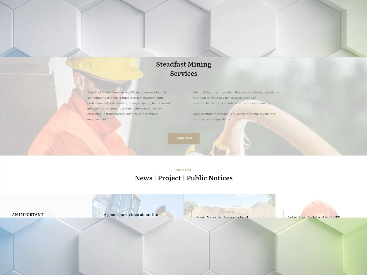 Homepage screenshot of steadfastmining.com following ongoing content production and managed WordPress maintenance including plugin updates, security monitoring, and performance reviews