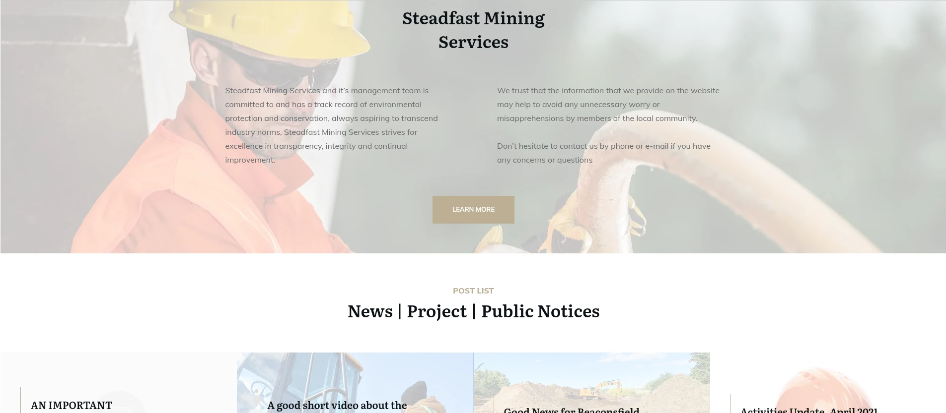 Homepage thumbnail of steadfastmining.com showing the website populated and maintained through ongoing content production services