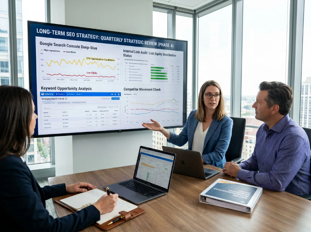 A marketing team conducting a long-term SEO quarterly strategic review on a large office monitor.