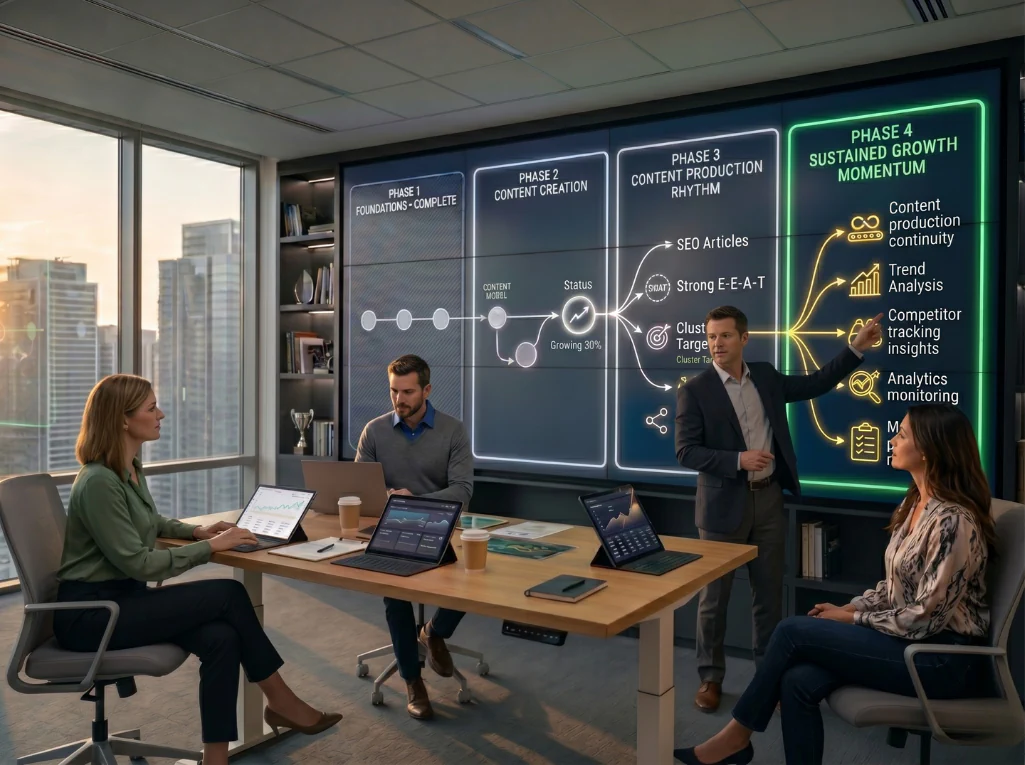A team of experts analysing a four-phase content production and growth strategy on a large digital office screen.