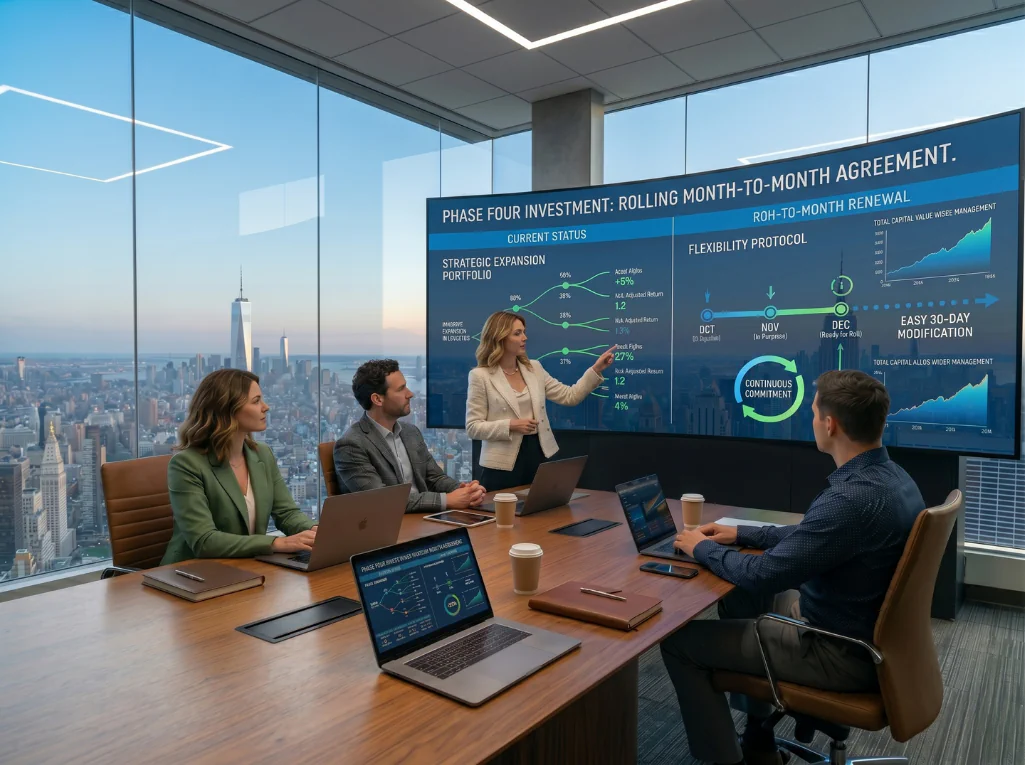 A professional team reviewing phase four investment strategies and flexibility protocols in a high-rise office.