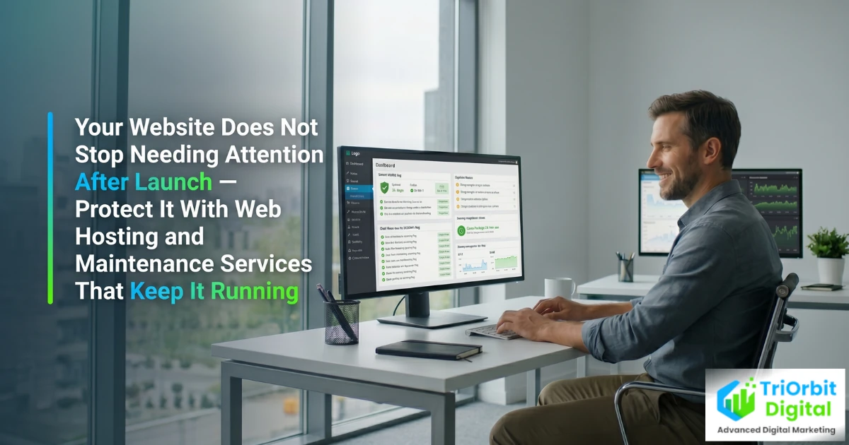 Managed web hosting and maintenance dashboard showing strong uptime, security status, and scheduled updates for a small business website