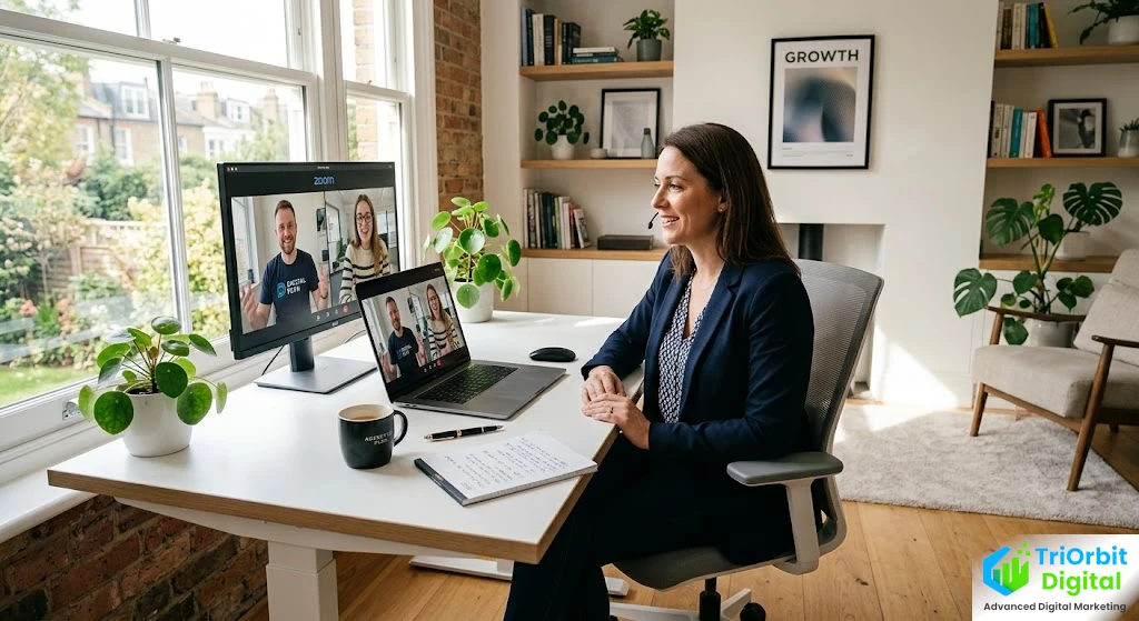Business owner in a bright home office having a video call consultation with a digital marketing agency team visible on a laptop screen, notepad and coffee on the desk