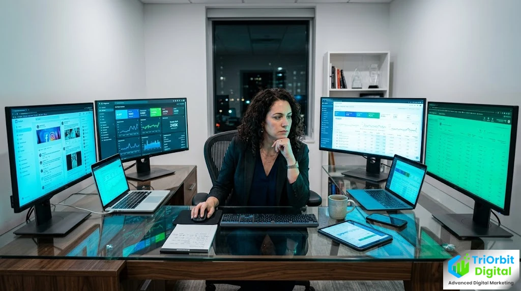 Business owner at a desk surrounded by multiple screens showing digital marketing dashboards and analytics, appearing overwhelmed by the volume of channels to manage