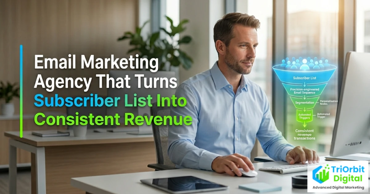 A professional working at a desk, with a digital graphic illustrating an email marketing funnel for consistent revenue.
