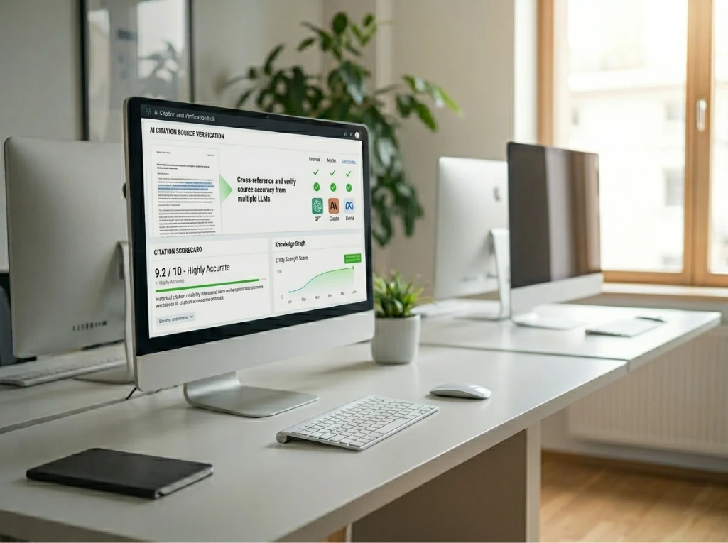A monitor displays an AI citation source verification hub, showing high accuracy scores for research validation.