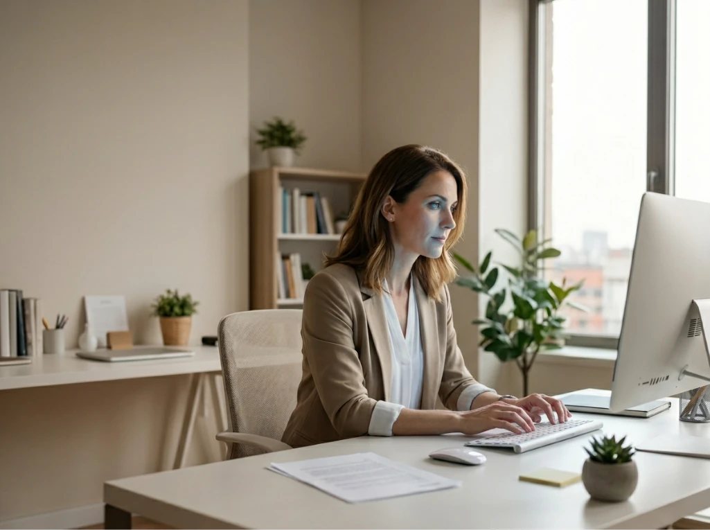 A professional woman works at her computer in a bright office to build digital authority.