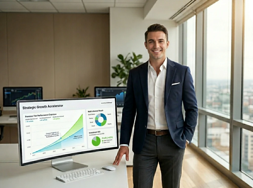 A professional stands by a monitor showing growth and investment ROI.
