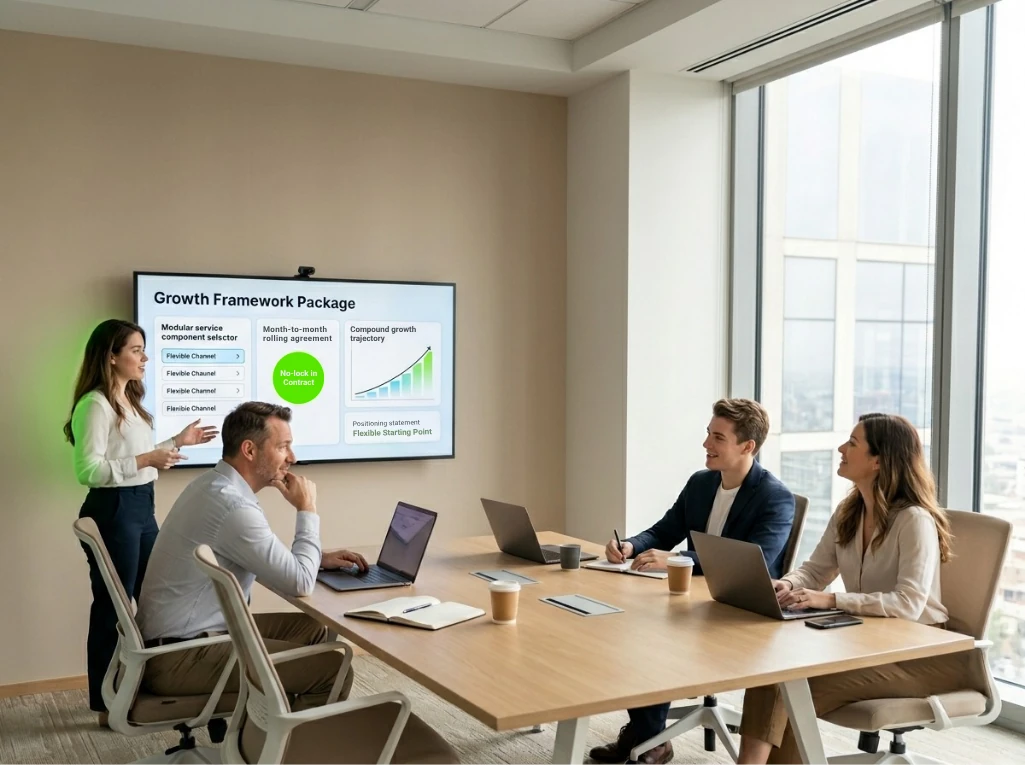 A team reviews the presentation, featuring modular services and compound growth.