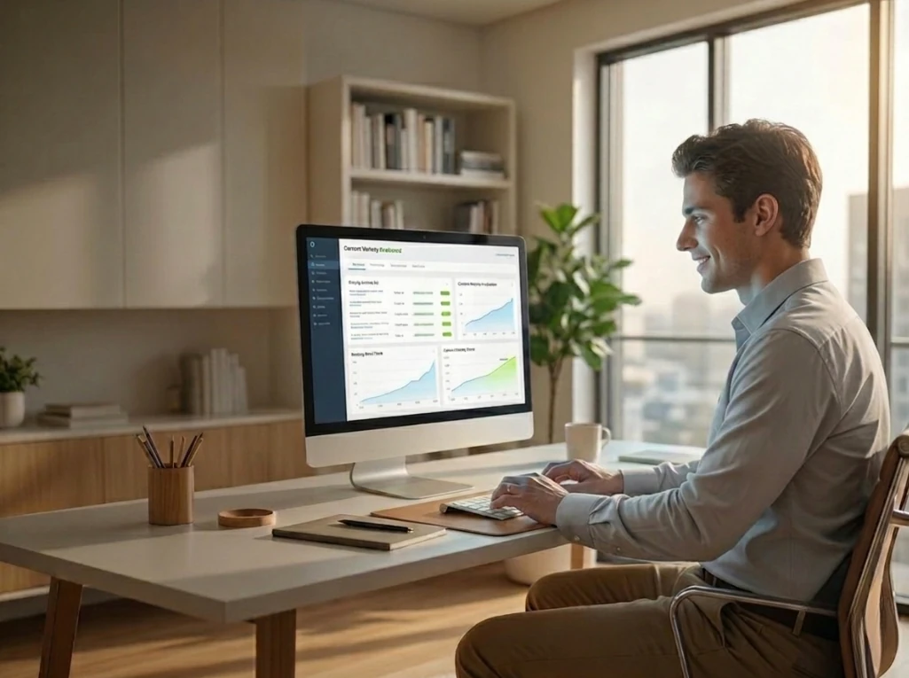 A man sits at a desk in a bright office, working on a computer screen displaying long-form content analytics.