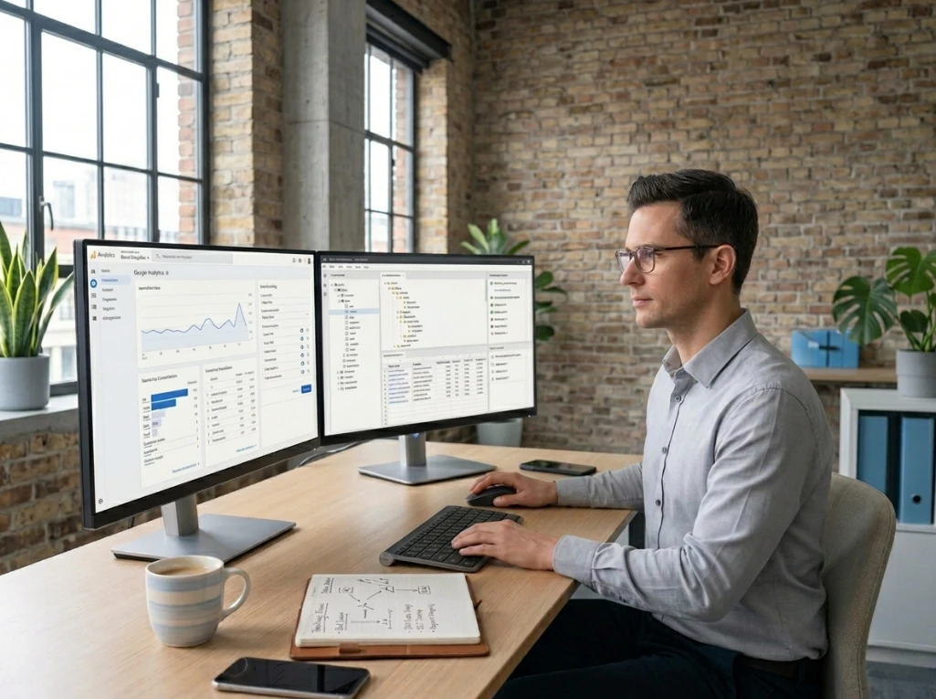 A professional at a desk with two monitors analyses data, demonstrating expert setup of tracking and analytics.