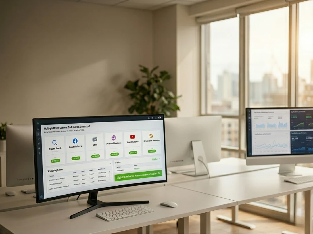 A computer monitor displays a command hub for managing multi-platform content distribution and scheduling.