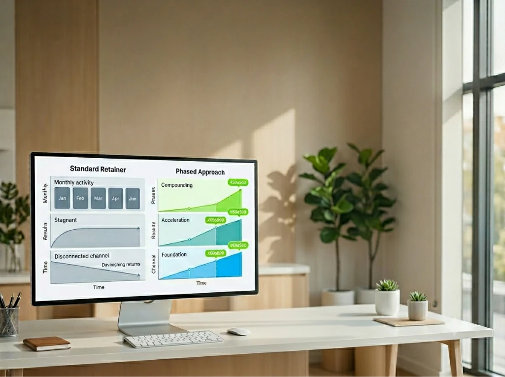 A computer monitor displays a comparison between a standard retainer and a phased approach.