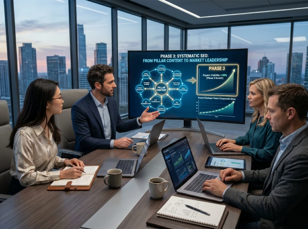 A marketing team reviewing a systematic SEO strategy for pillar content and market leadership in a city office.
