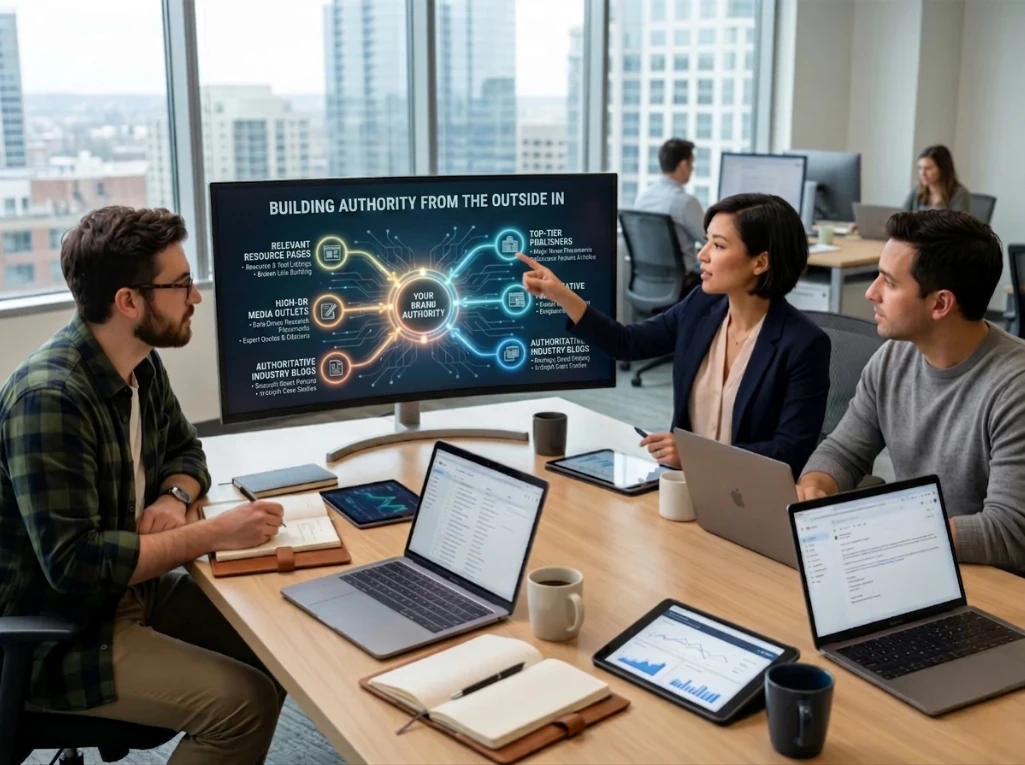 A marketing team discussing a strategy for building authority, shown on a large monitor in a modern office.